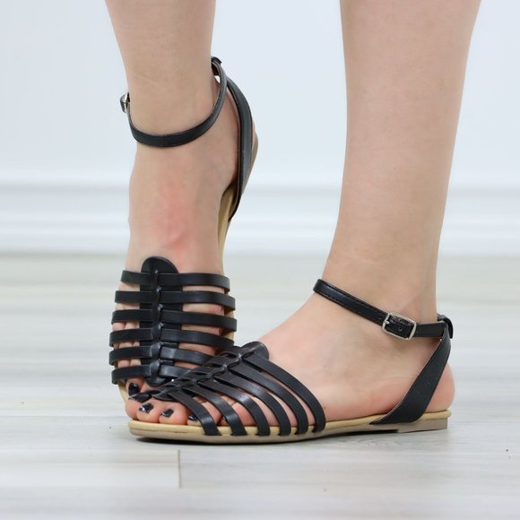 Black Faux Leather Strappy Open Toe Flat Sandals Gladiator - Picture 11 of 11